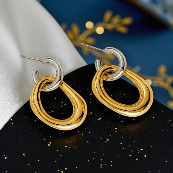 🆕️Versatile 2-in-1 Two-Tone 18K Gold Plated Stainless Steel Dainty Earrings ✨ - Picture 8 of 15